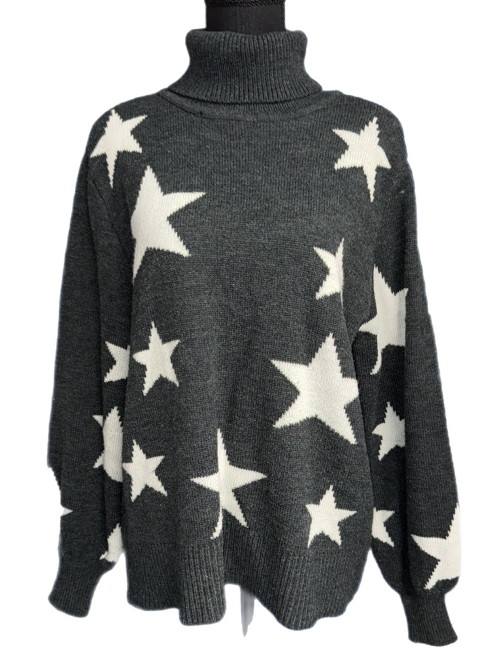 Zenana - Dark Gray Star Print Turtleneck Sweater - Oversized Cozy Knit - Size L